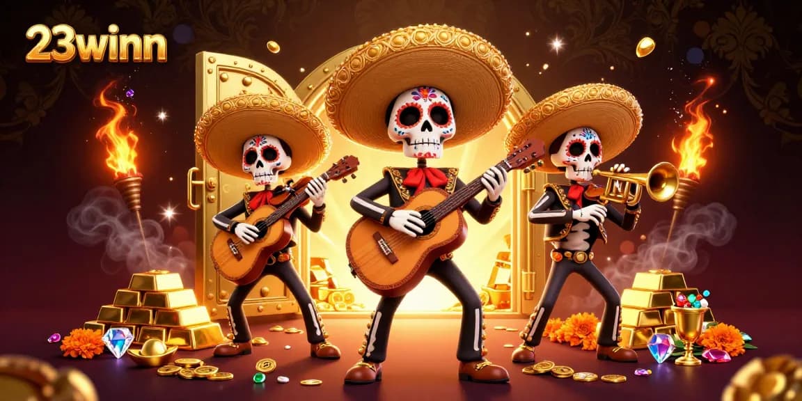 Bet on 23winn with vibrant mariachi celebration and treasure elements illuminating the casino.