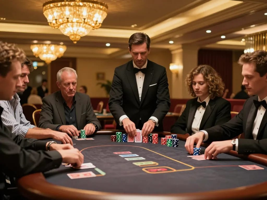 Players engage in thrilling poker at an upscale casino, highlighting okwin's luxurious gaming atmosphere.