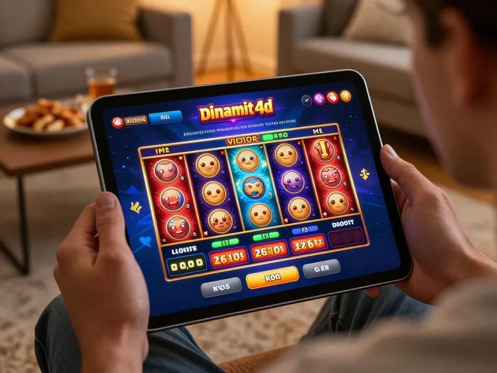 Engaging online gaming experience at dinamit4d with vibrant slot machine visuals on a tablet in a cozy setting.