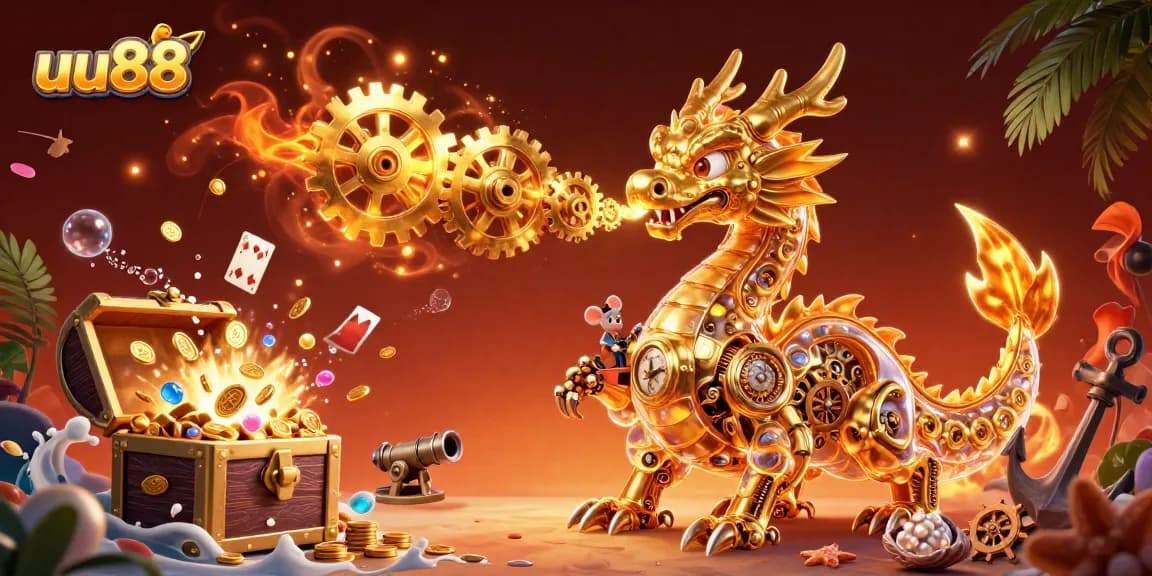 Experience thrilling gaming at uu88 with a vivid scene showcasing a golden dragon and treasure!
