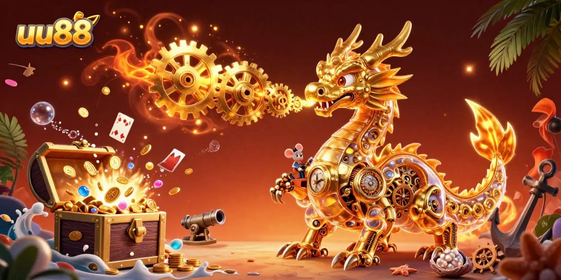Experience thrilling gaming at uu88 with a vivid scene showcasing a golden dragon and treasure!