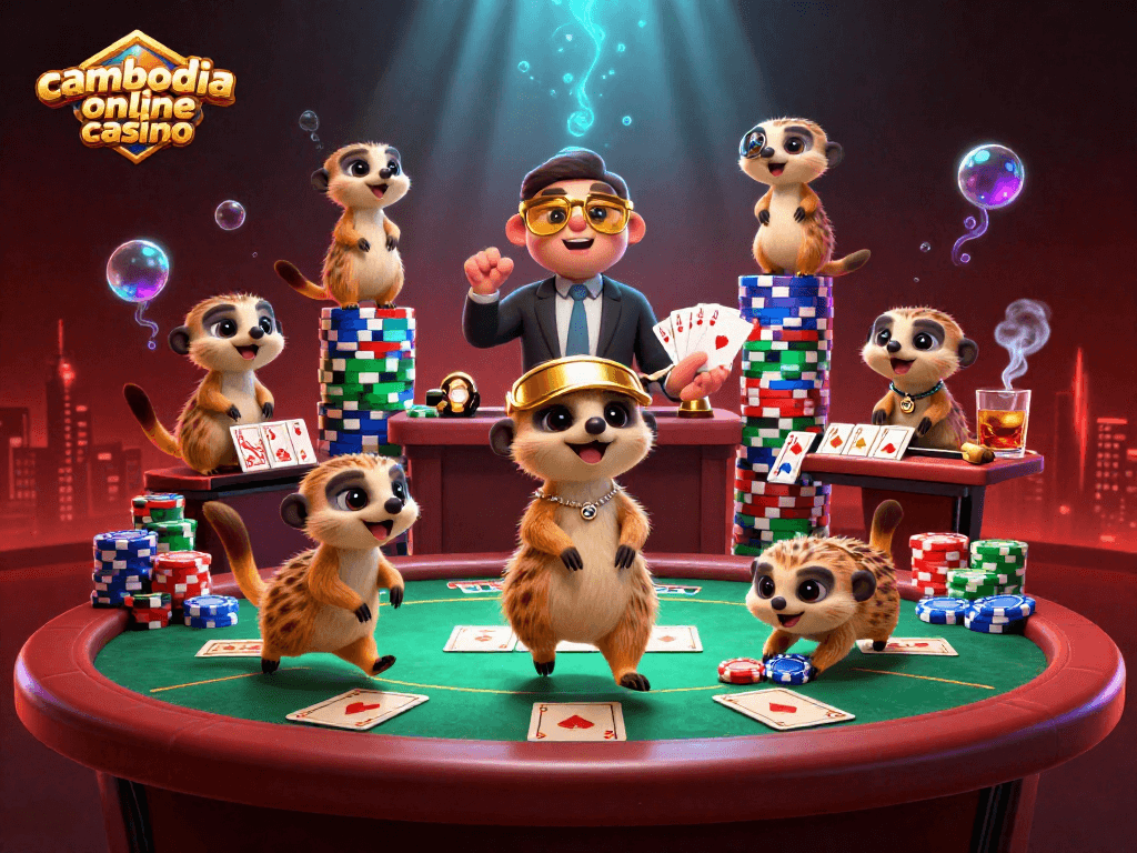 Engage in exciting gameplay at cambodia online casino with playful meerkats running a vibrant casino operation.