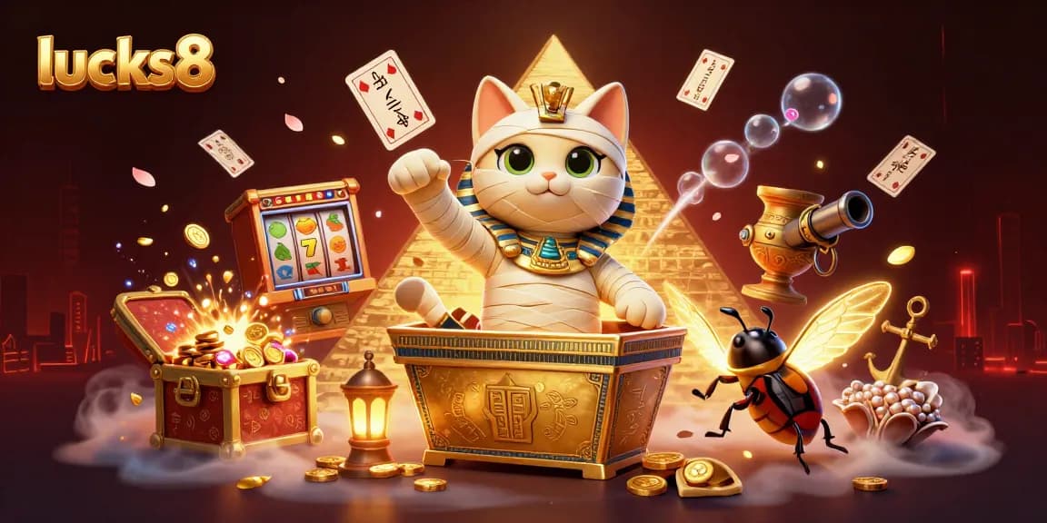 Experience thrilling jackpots with lucks8 in a vibrant 3D casino scene featuring lucky symbols and mummy characters.