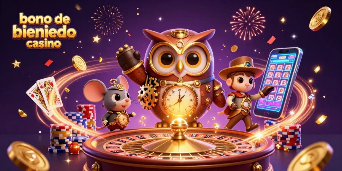 Captura la emoción del bono de bienvenida casino con un búho viajero en un ambiente de juego vibrante.