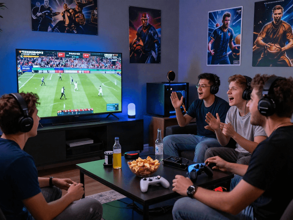 Friends enjoying a thrilling gaming night with Playexch247 while cheering for their favorite teams.