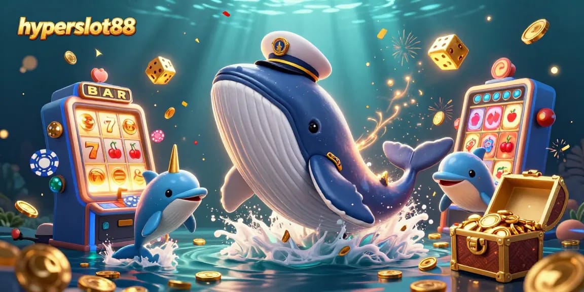 Experience thrilling wins at hyperslot88 with captivating scenes of whales, coins, and slot machines.
