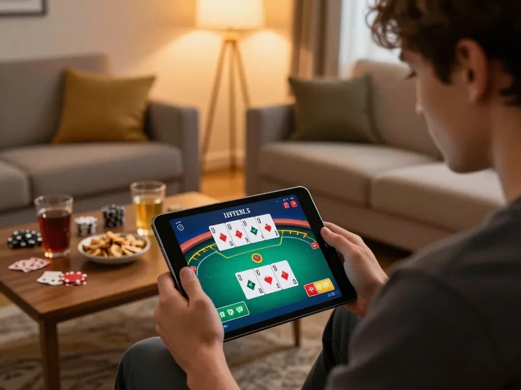 Pemain menikmati dasi4d link alternatif dengan antarmuka permainan poker yang ditampilkan di tablet dalam suasana rumah yang nyaman.