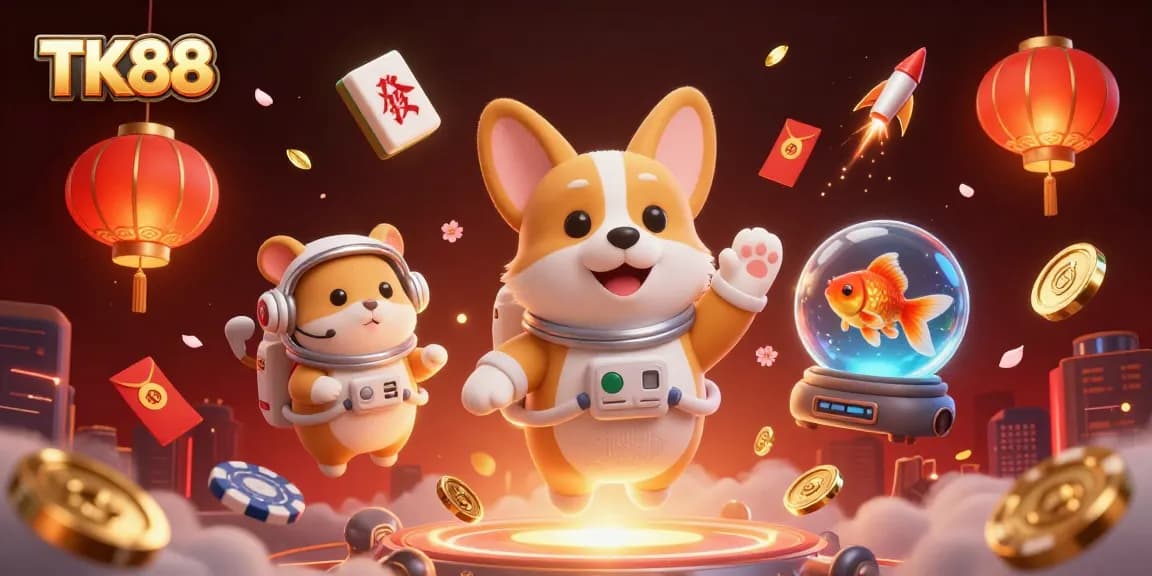 TK88's exciting casino experience illustrated with a floating astronaut corgi and vibrant casino elements