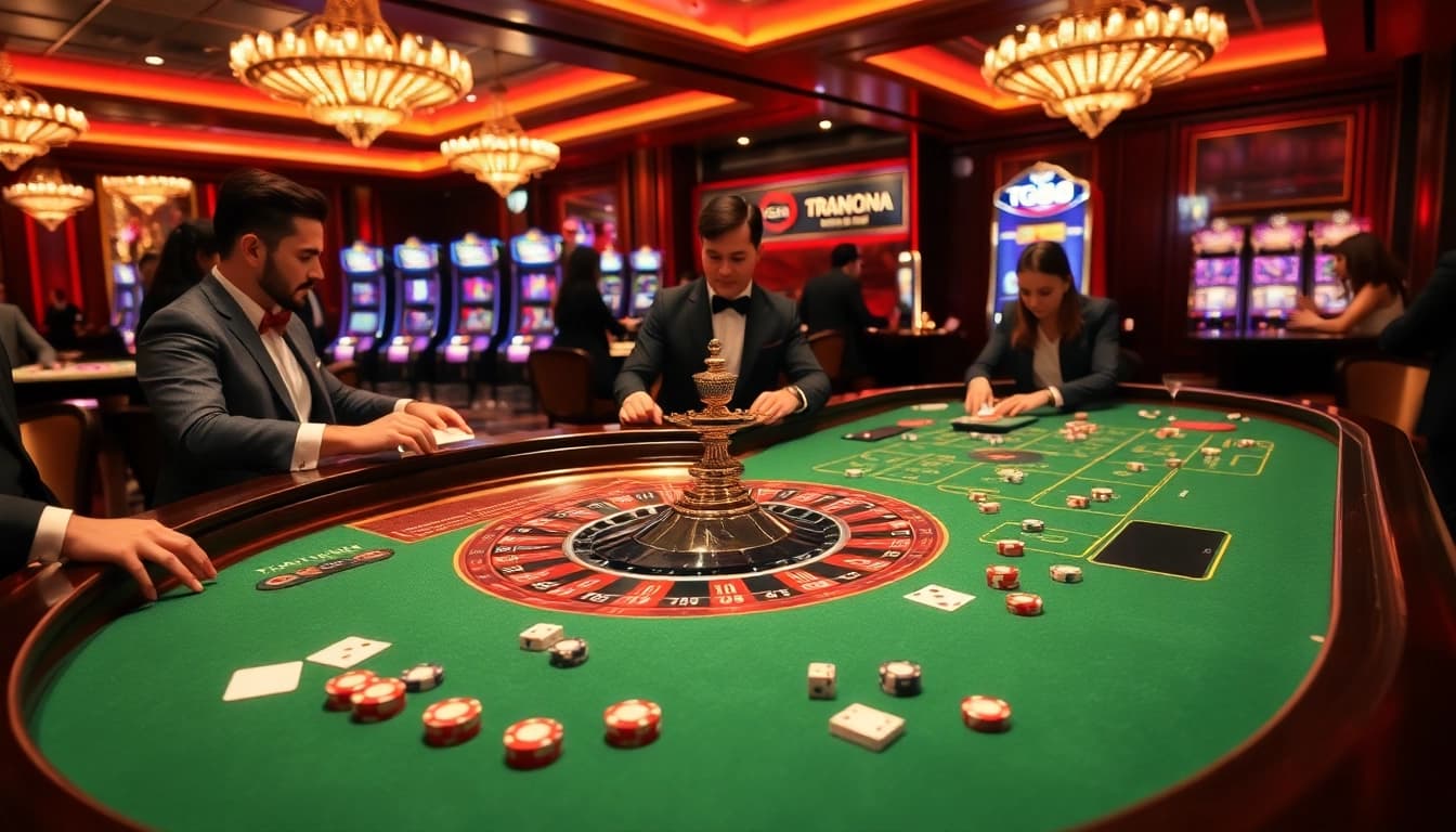 Experience the thrill at TG88 with players enjoying roulette and poker in a glamorous casino setting.