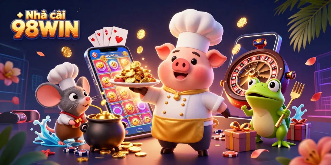 Visualize the excitement of Nhà cái 98WIN with a chef pig and animated casino characters amidst vibrant gaming elements.