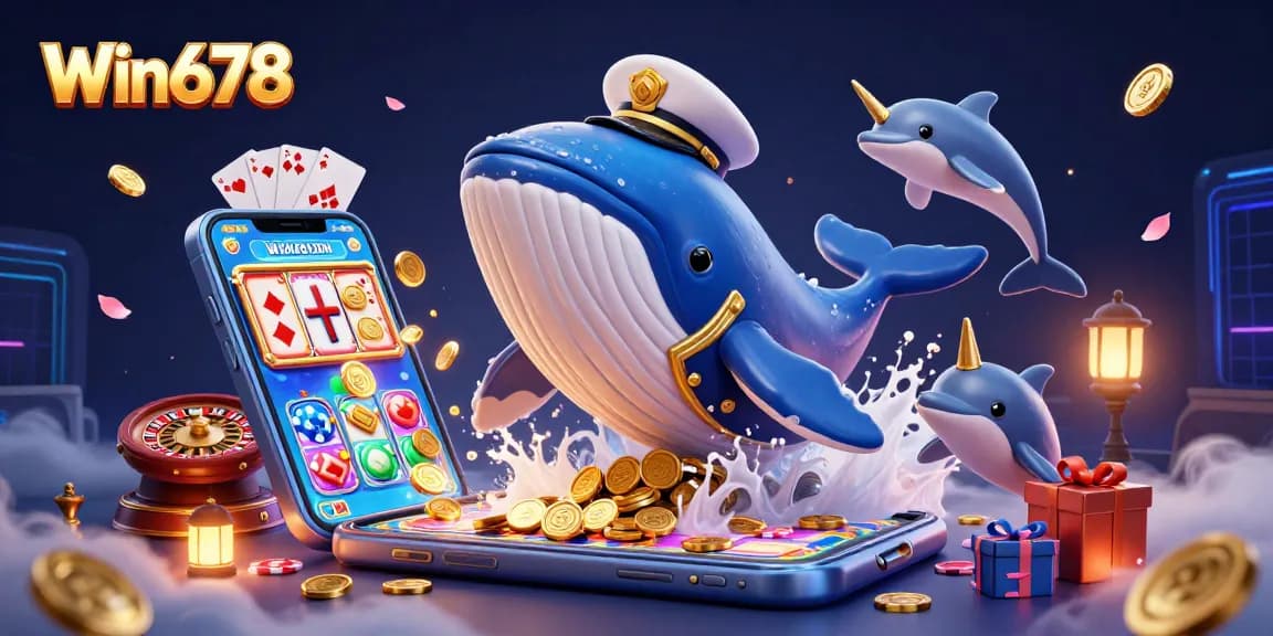 Experience the thrilling excitement at Win678, where a playful whale interacts with poker chips and vibrant slot games.