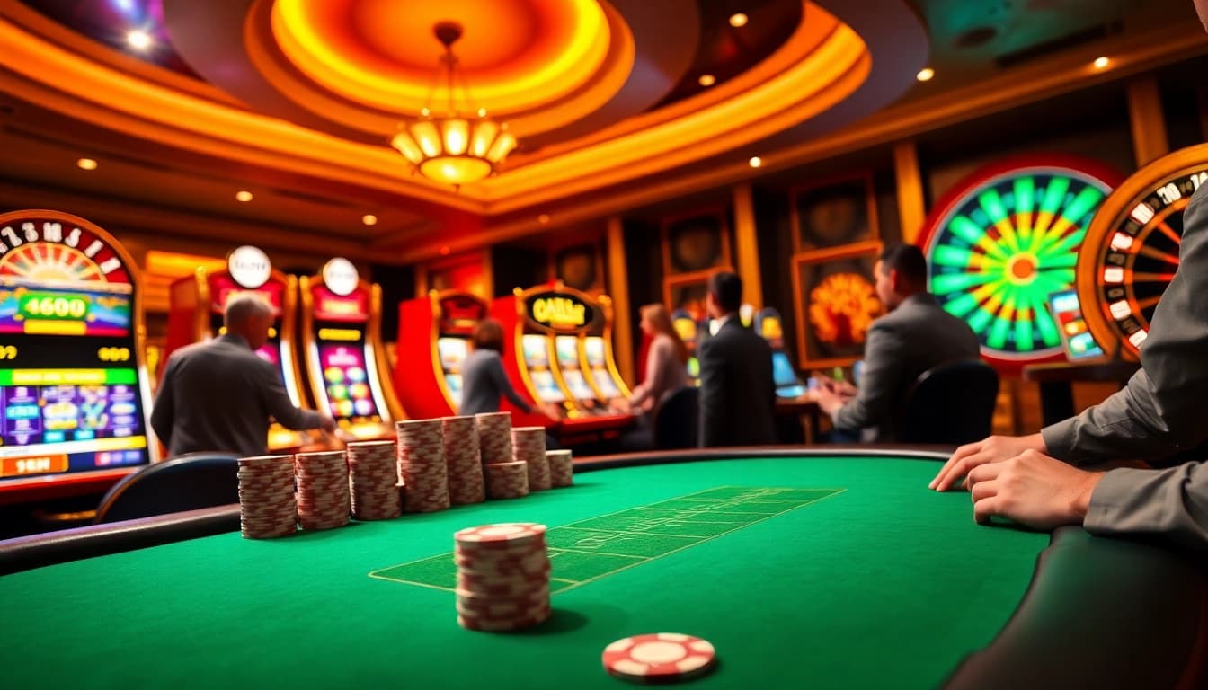 Experience the excitement of F8BET with intense poker games and vibrant slot machines in a luxurious casino setting.