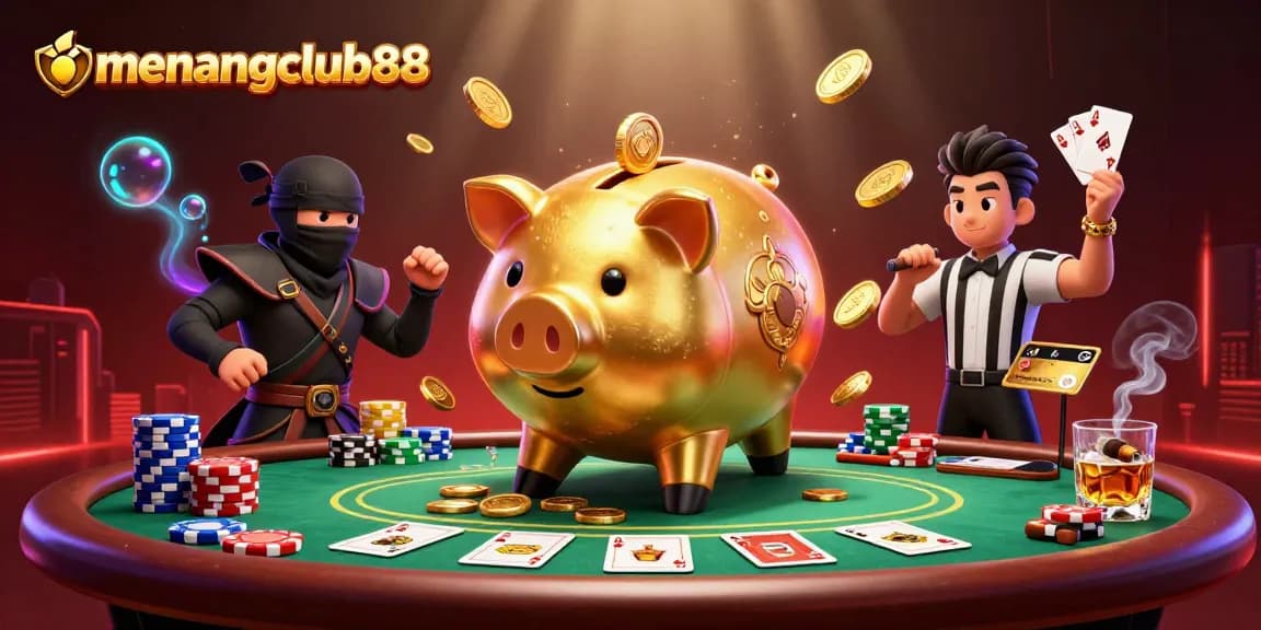 Experience the excitement of menangclub88 with a dynamic casino scene featuring vibrant characters and classic gaming elements.