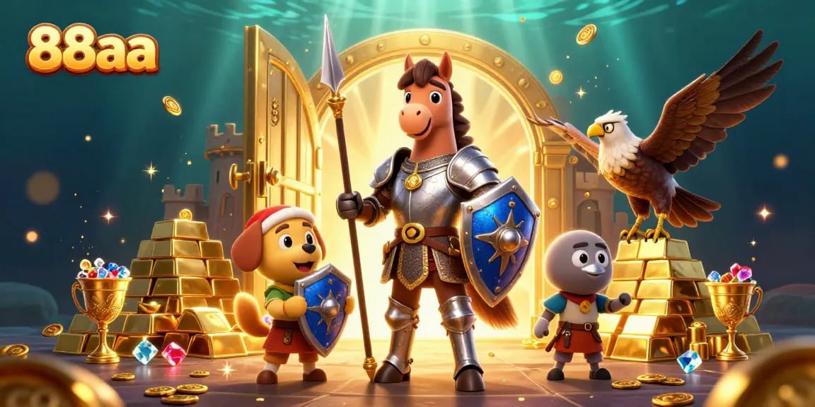 The 88aa scene features a knight, squire, and falcon amidst golden treasures and casino elements.