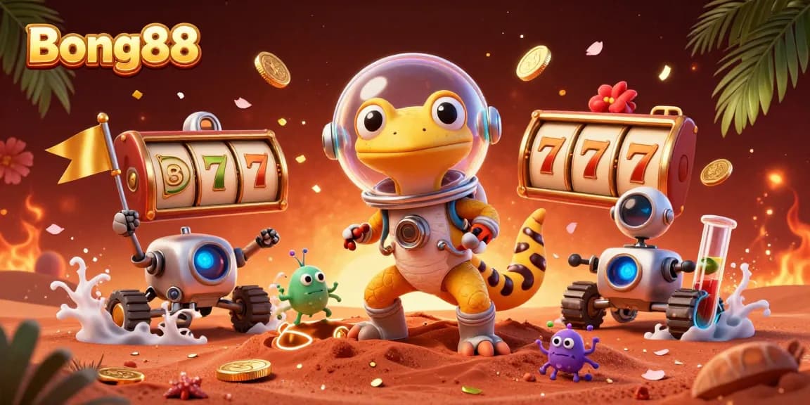 Bong88 offers exciting online gaming experiences with a vibrant casino-themed illustration showcasing colorful slot reels and dynamic elements.