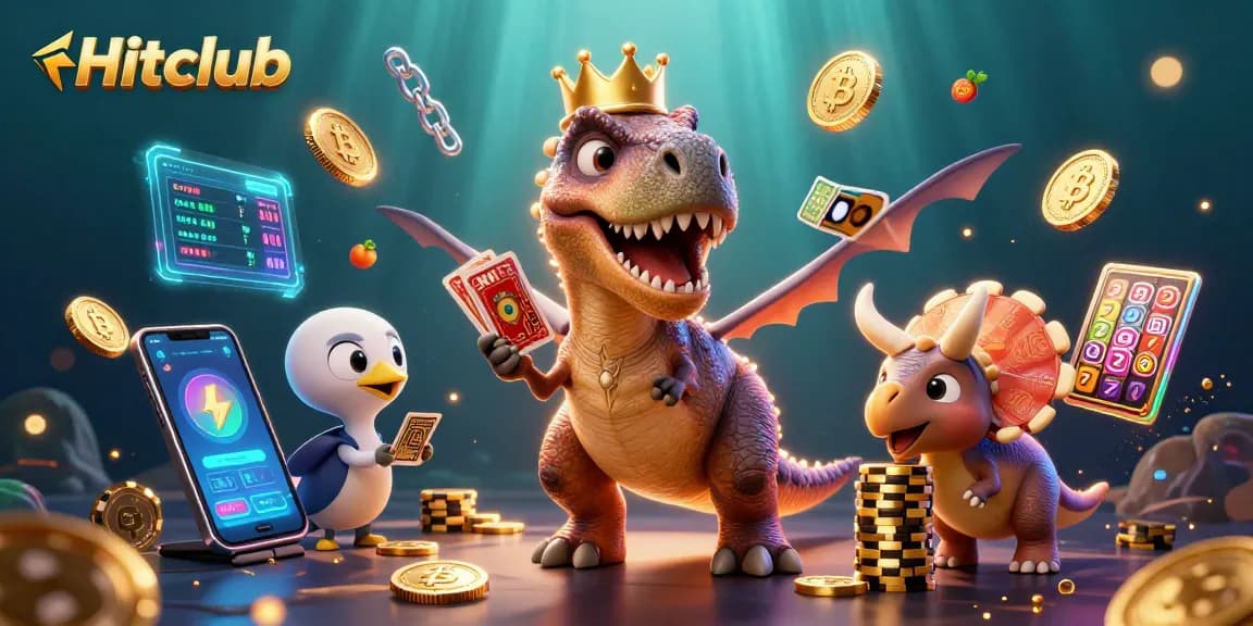 Hitclub players engage in gaming excitement with T-Rex shuffling cards and winning chips stacked.