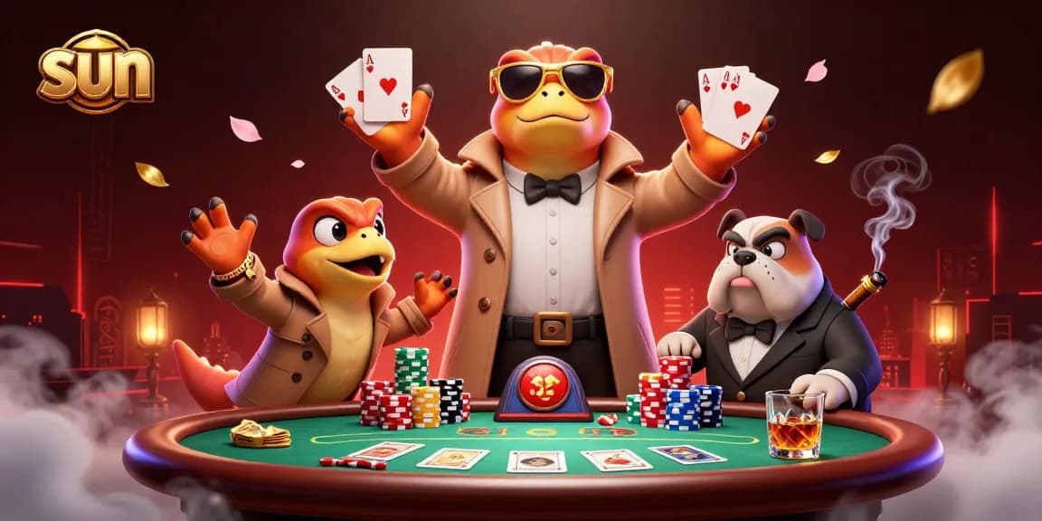 Raptors in a trench coat entering a casino lounge, amid poker chips and cards, featuring sun-themed elements.