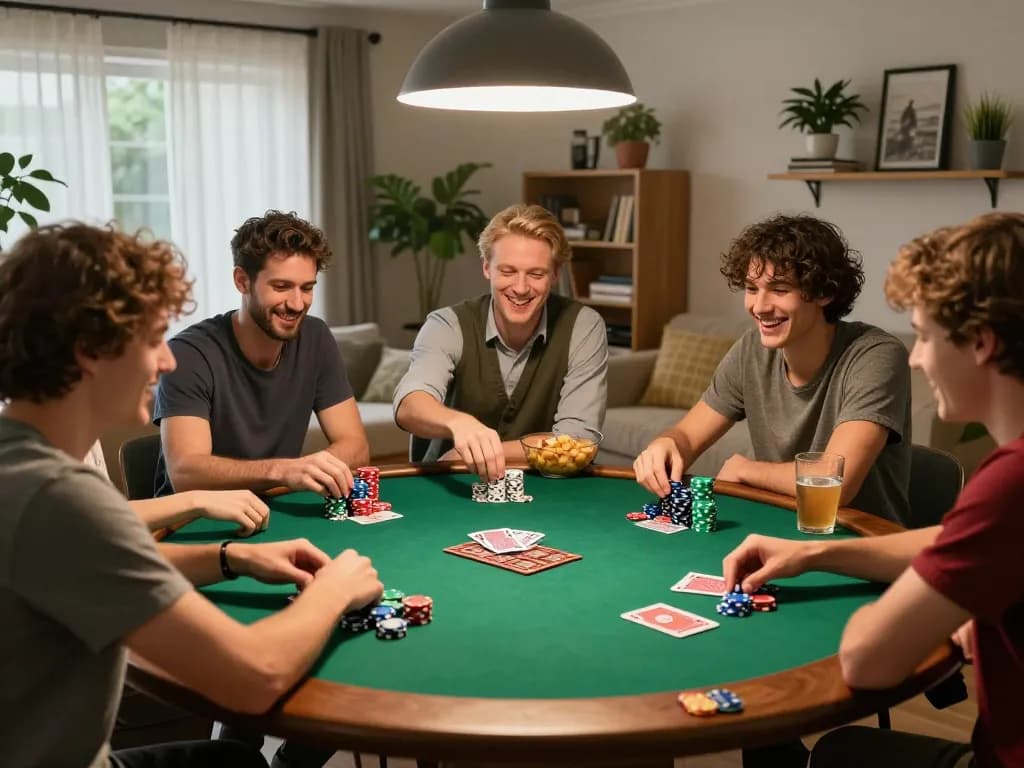 Friends enjoying a thrilling poker night with active gameplay and chips stacked high at the table, showcasing the excitement of tic 88.