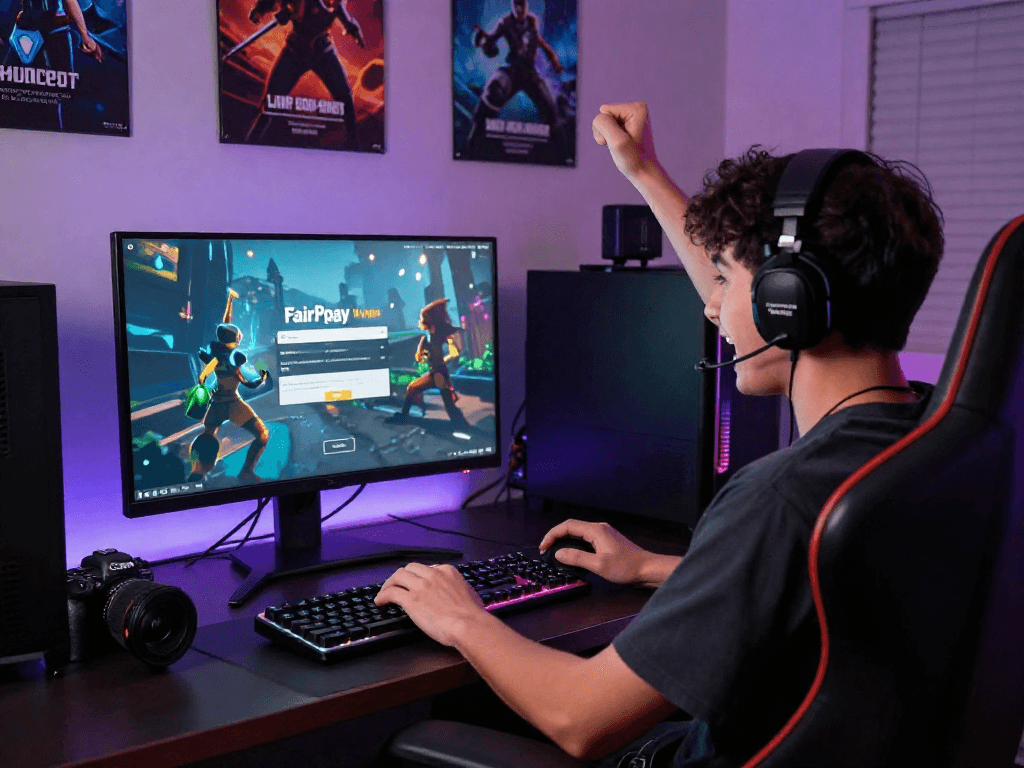 Engaged gamer showcasing FairPlay login on high-definition monitor in vibrant gaming den.