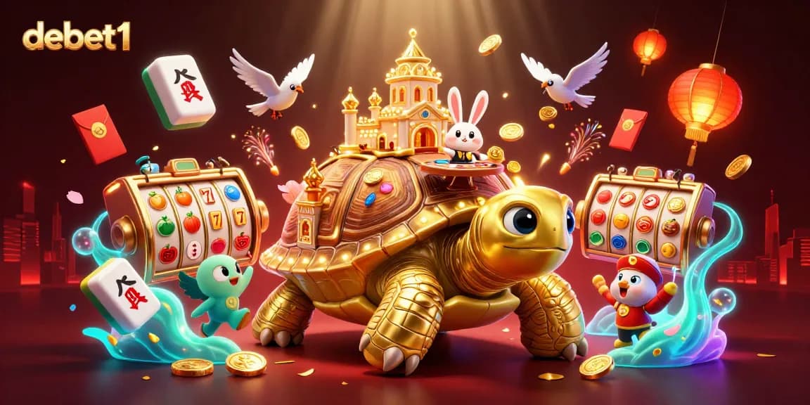 Experience thrilling slots action with debet1's vibrant 3D illustration featuring dynamic casino elements.