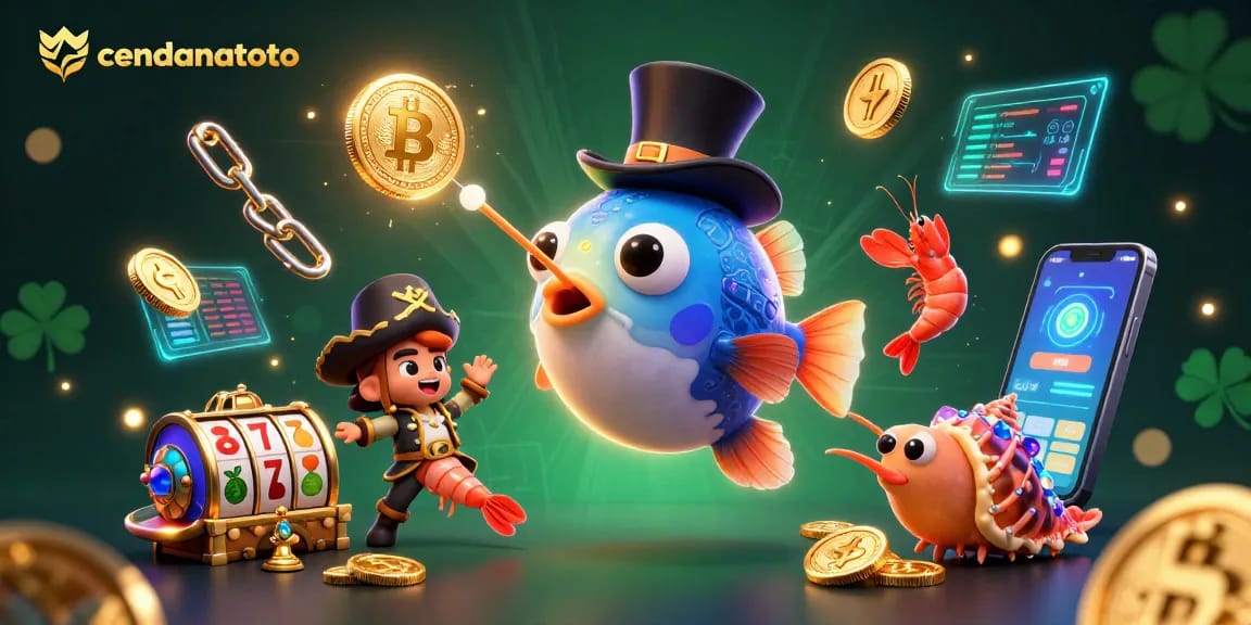 Cendanatoto brings luck with a vibrant 3D deep-sea anglerfish attracting coins amid exciting slot reels.