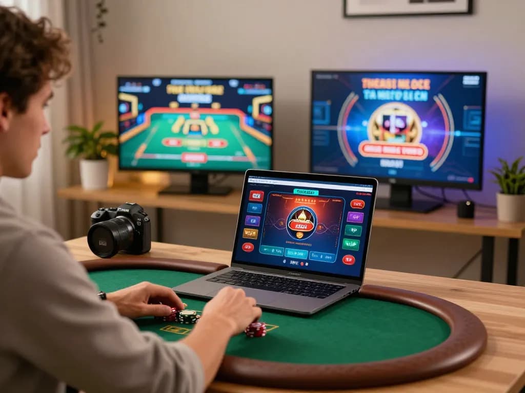 Fokus777 player placing strategic bets at an online poker table in a cozy home office.