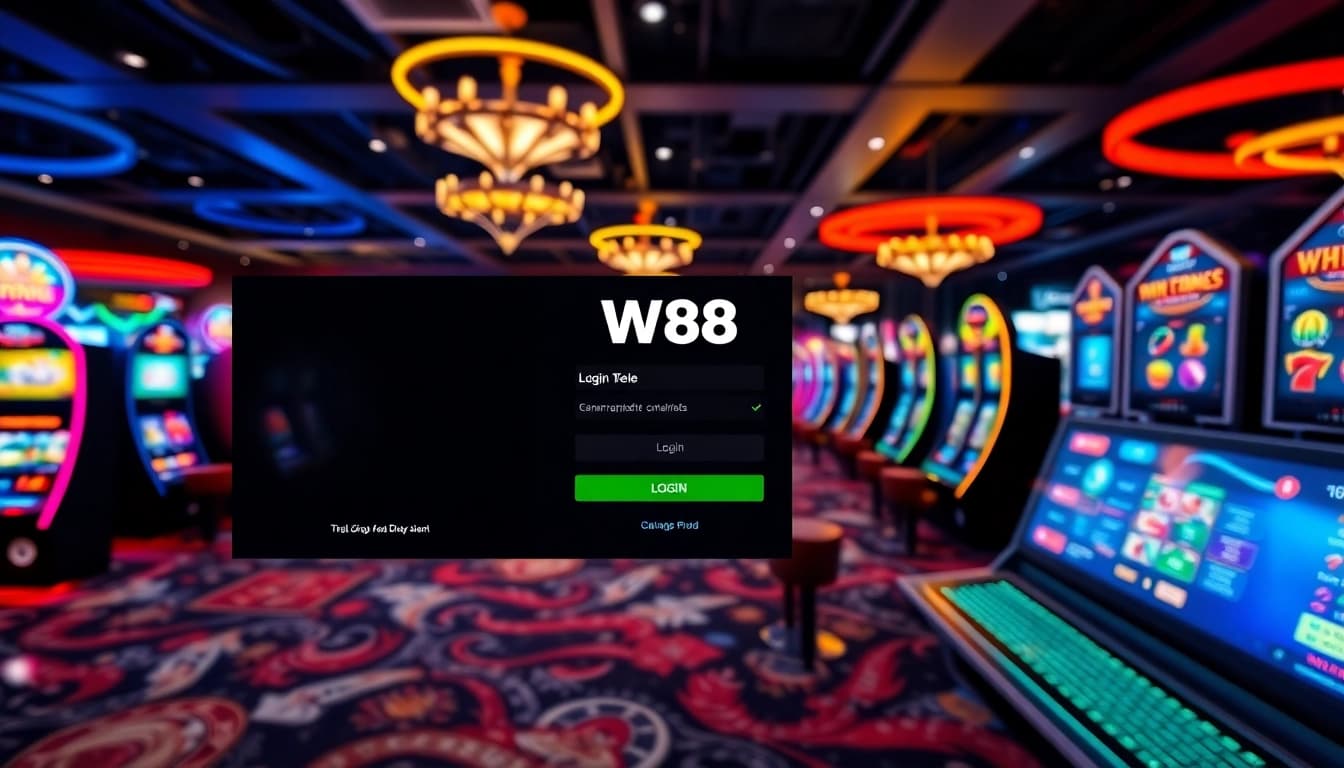 Engage with W88 login interface displayed in a vibrant digital casino setting.