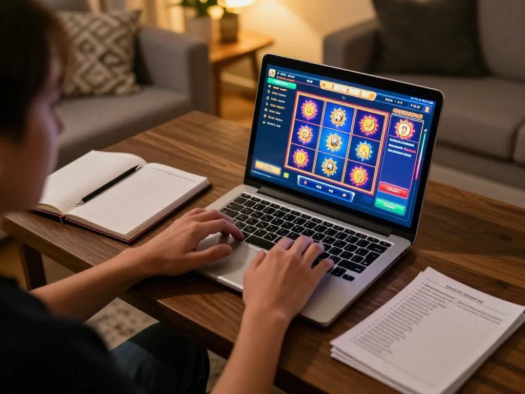 Player engaging with aman788 online slots, showcasing vibrant game graphics and strategic notes.