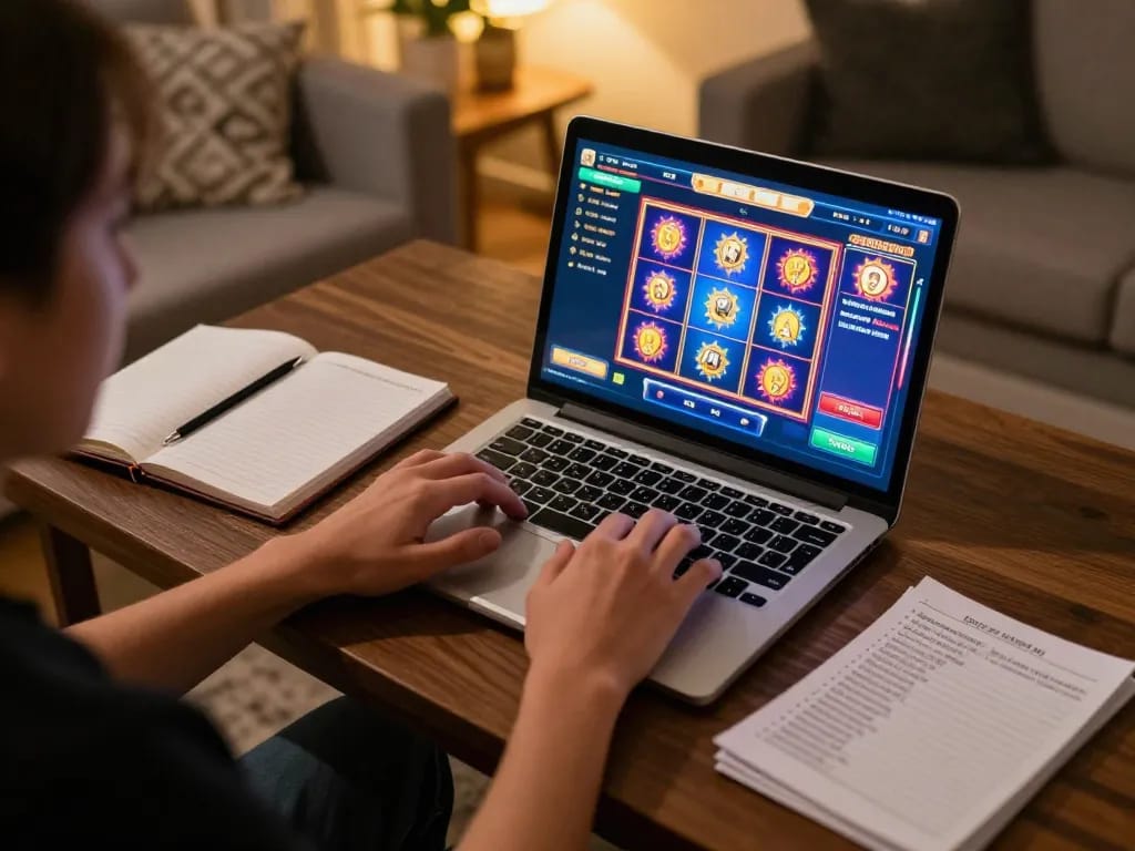 Player engaging with aman788 online slots, showcasing vibrant game graphics and strategic notes.