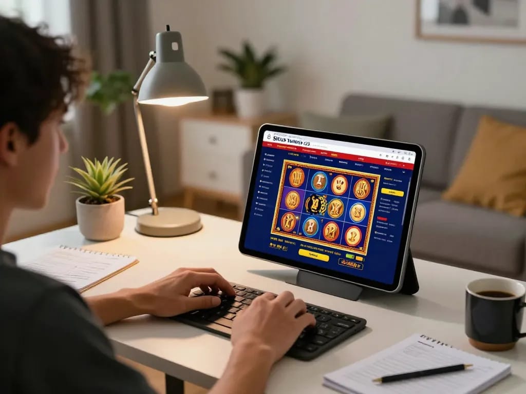 Situs Tempo123 online casino interface on tablet, showcasing slot game action in a cozy home setup