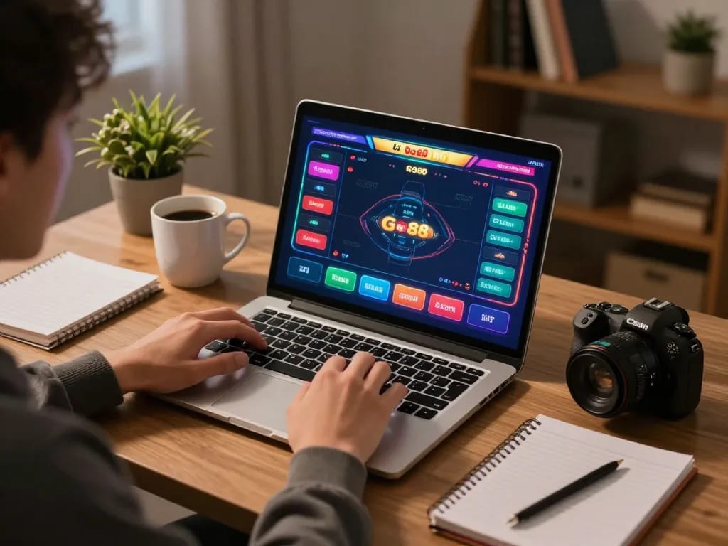 Engaging with Go88 online casino games on a laptop in a cozy and inviting home setup.