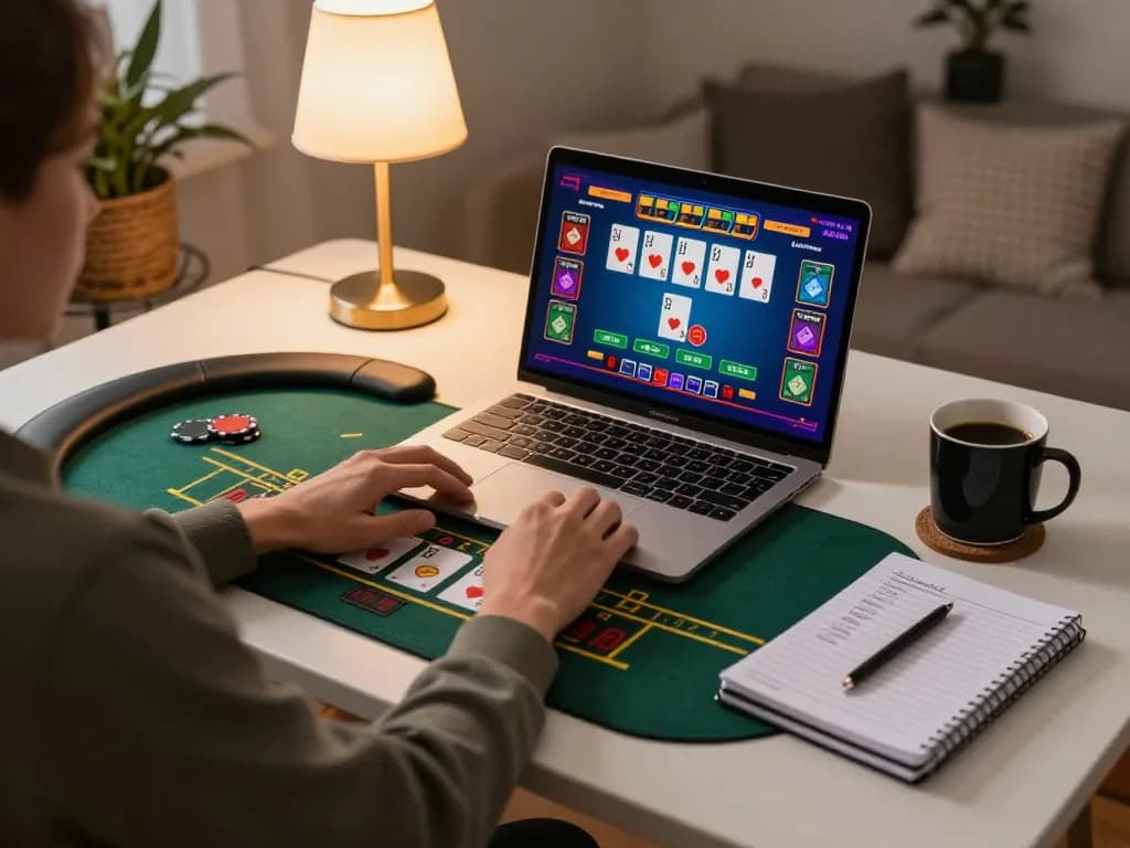 Engaged player strategizing with MM88 during live blackjack game at home.