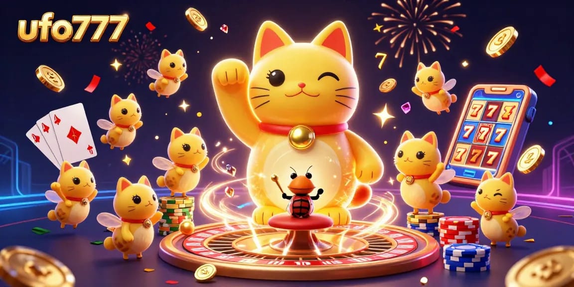 Experience excitement with ufo777, featuring a giant lucky cat and casino elements in a vibrant 3D illustration.