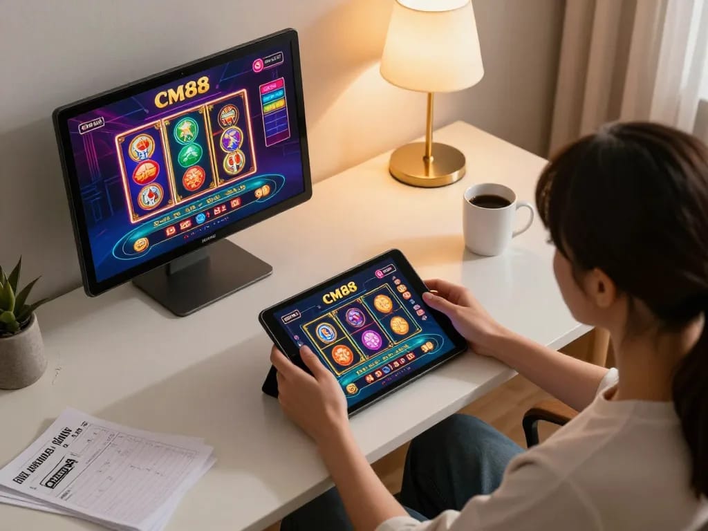 Engaging gaming setup highlighting CM88 online casino experience with vibrant graphics and cozy ambiance.