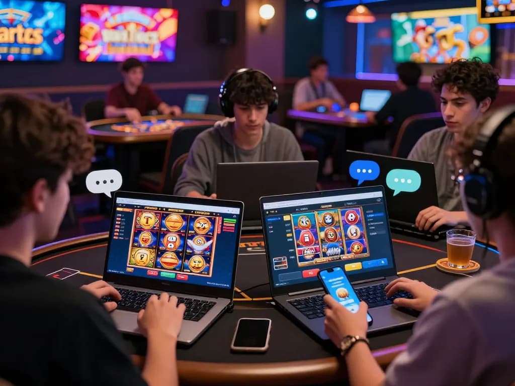 Players engaging in online gambling at tt88, showcasing vibrant slot games and live casinos in a lively digital atmosphere.