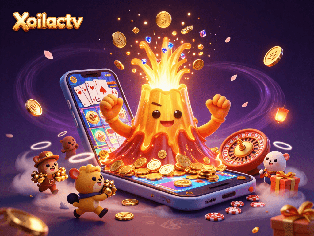 Xoilactv showcases a vibrant 3D cartoon volcano erupting coins and treasures amidst casino action.