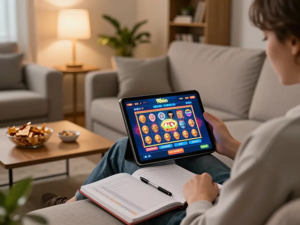 Players enjoying 98win online casino on a tablet in a cozy home setting with snacks and strategy notes