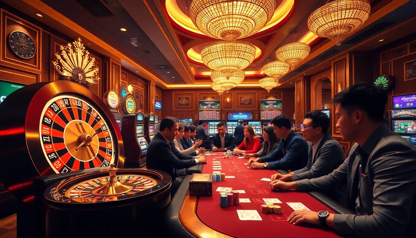 Players experiencing the thrill of casino slots and games at nohudoithuong, showcasing excitement and luxury.