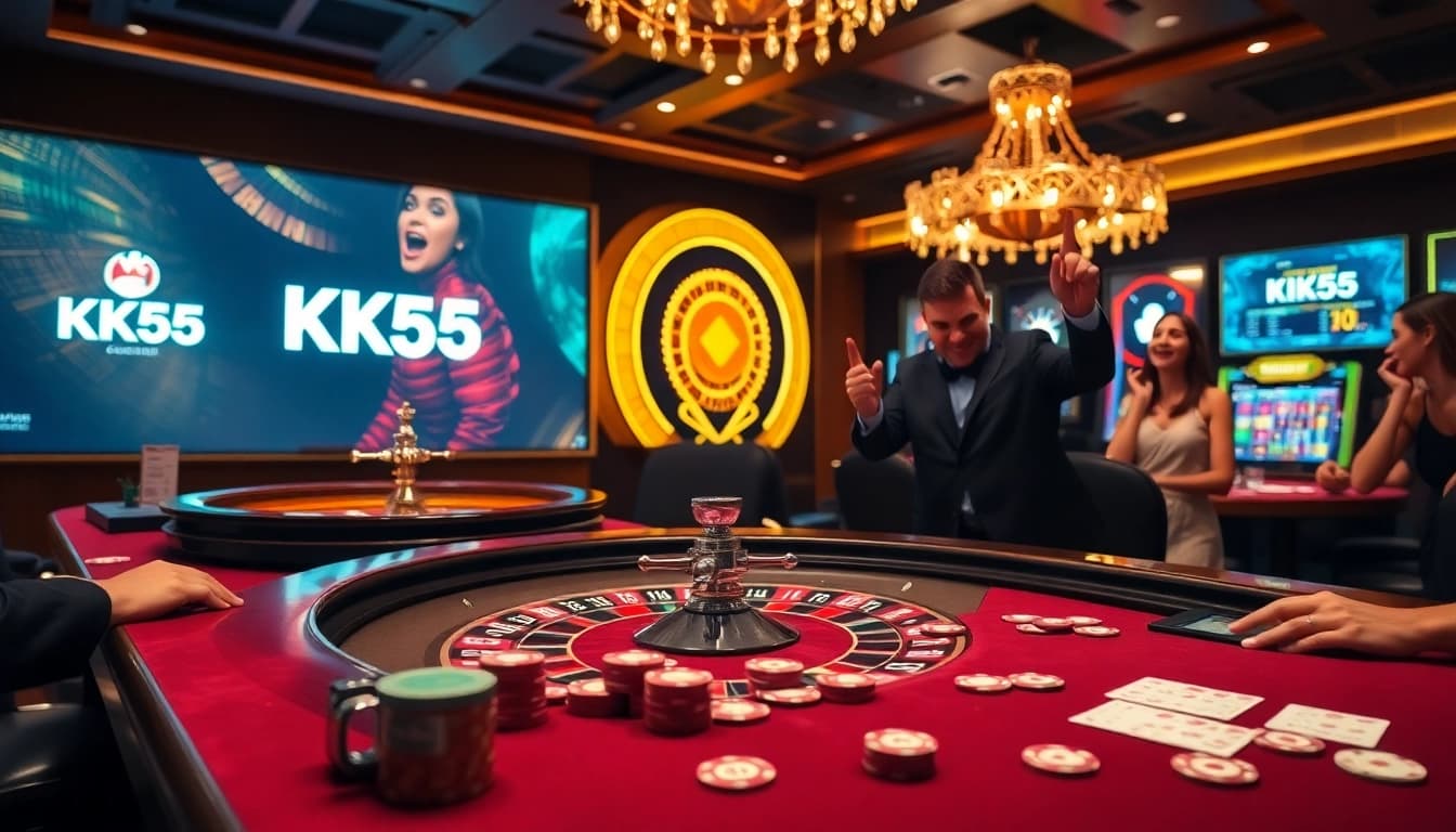 Engaging players at KK55 casino tables celebrating wins with vibrant poker chips and cards.