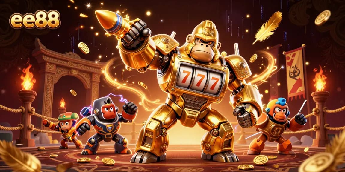 Engage with the thrill of ee88 gaming featuring a golden gorilla mech amidst dazzling casino elements.