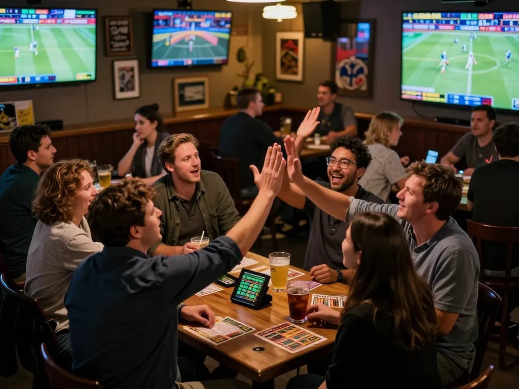 Exciting sports betting scene at a lively bar celebrating wins related to mm 88 bets.