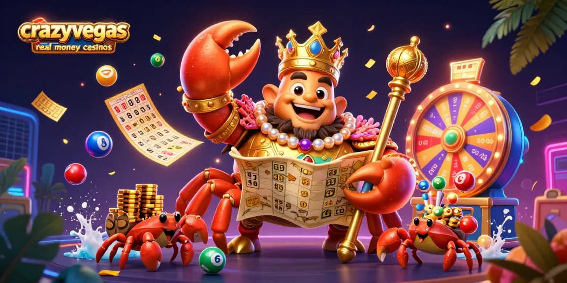 Experience the excitement at crazyvegas casino real money casinos with a golden crab emperor surrounded by vibrant lottery elements.
