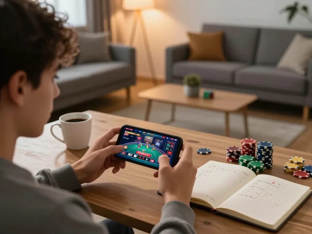 Engaging in an exciting online casino game on vk88, player focused on smartphone interface amidst cozy gaming atmosphere.