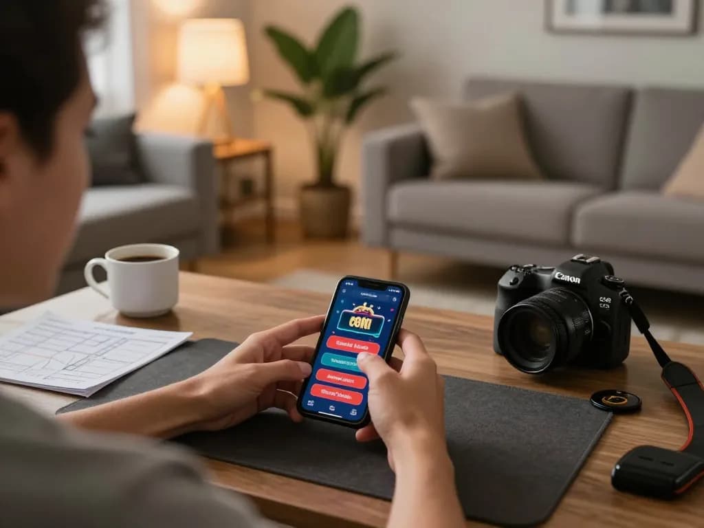 Memainkan permainan di aplikasi emaqq, menampilkan pengaturan permainan di rumah yang menarik dengan catatan strategi.