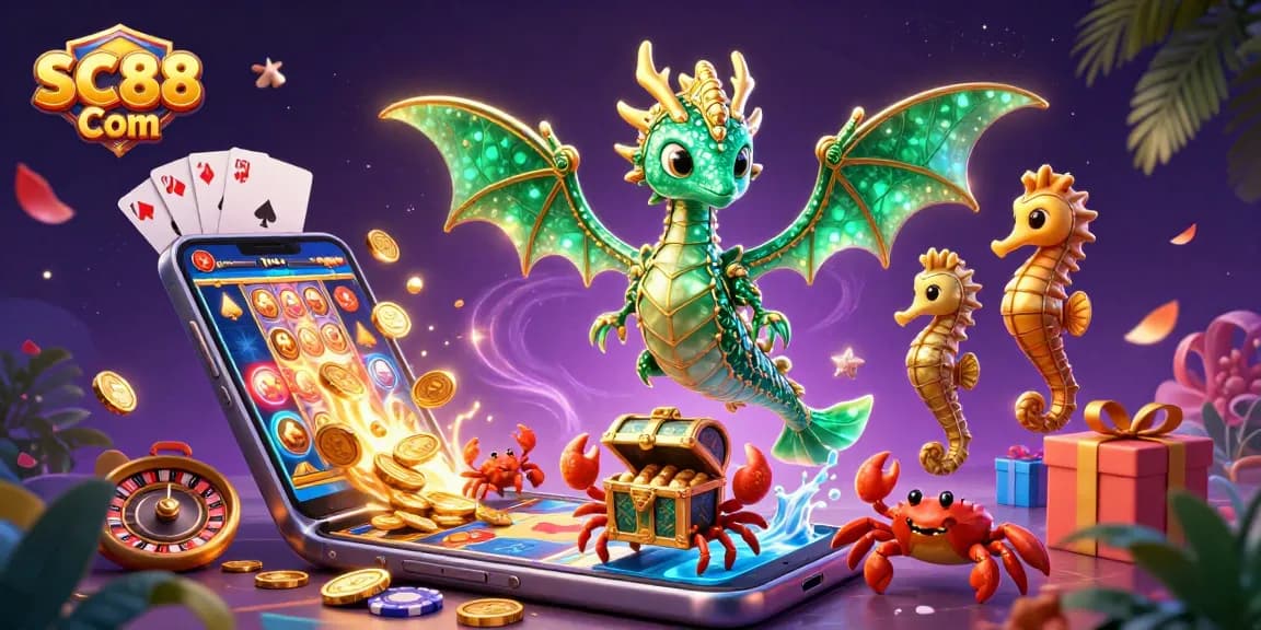 Engage with SC88 Com's vibrant casino scene featuring a whimsical sea dragon and rich game elements.