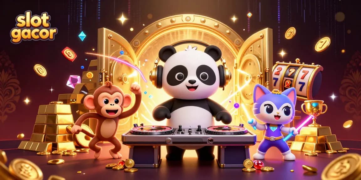 Slot gacor menyajikan suasana kasino meriah dengan karakter kartun yang penuh aksi.