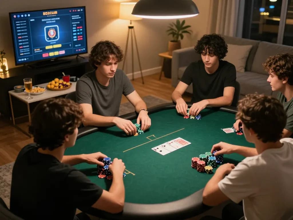 B52CLUB players engaging in an exciting online poker game, showcasing strategic gameplay in a cozy home environment.