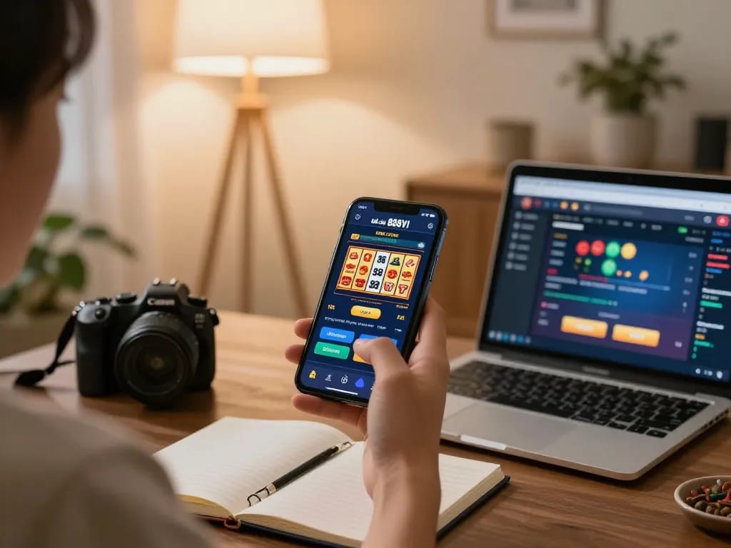Engaging in online gaming at nhà cái 888VI with a smartphone in a cozy living room setting