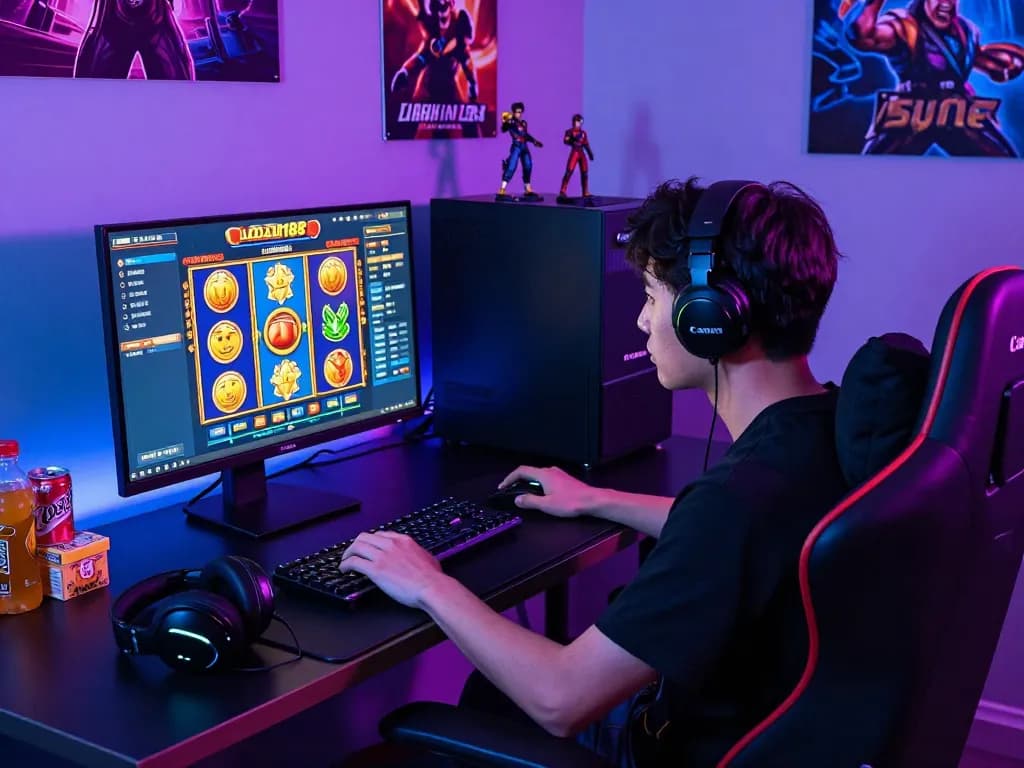 Gamer yang terlibat mengeksplorasi permainan slot laoban188 dalam pengaturan digital yang berwarna-warni