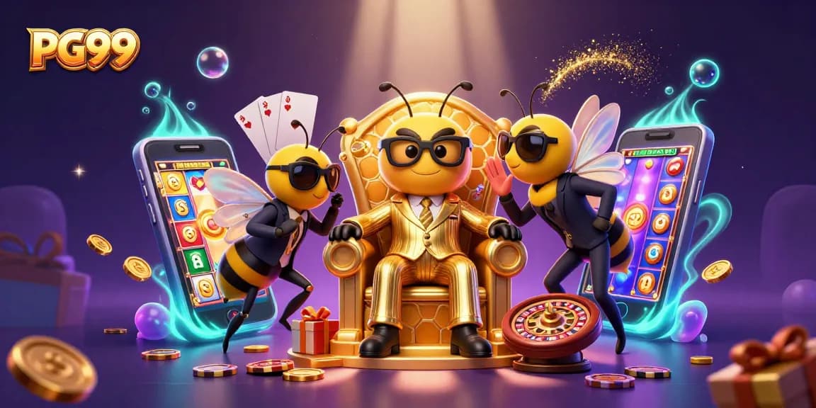 Experience thrilling gameplay with PG99 as 3D characters enjoy slots, casino games, and butterflies.